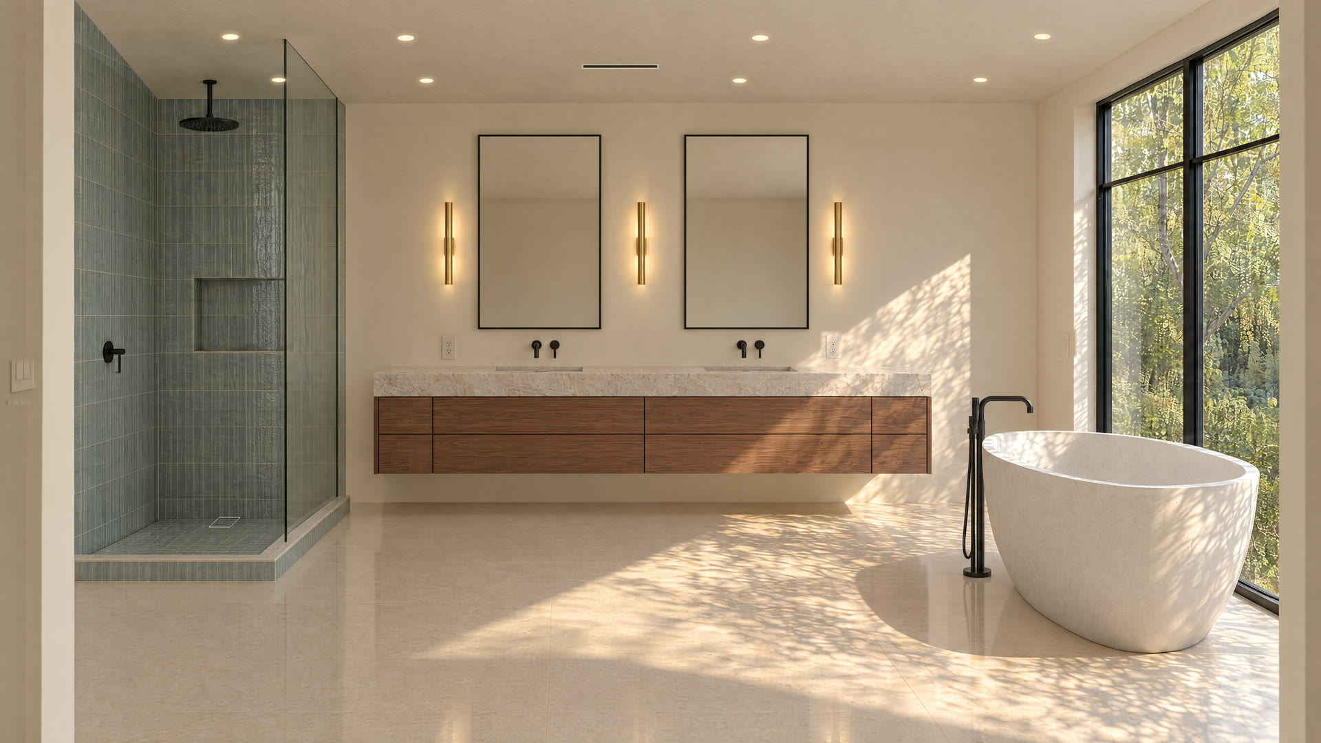 Bathroom with a walnut vanity and a tiled glass shower