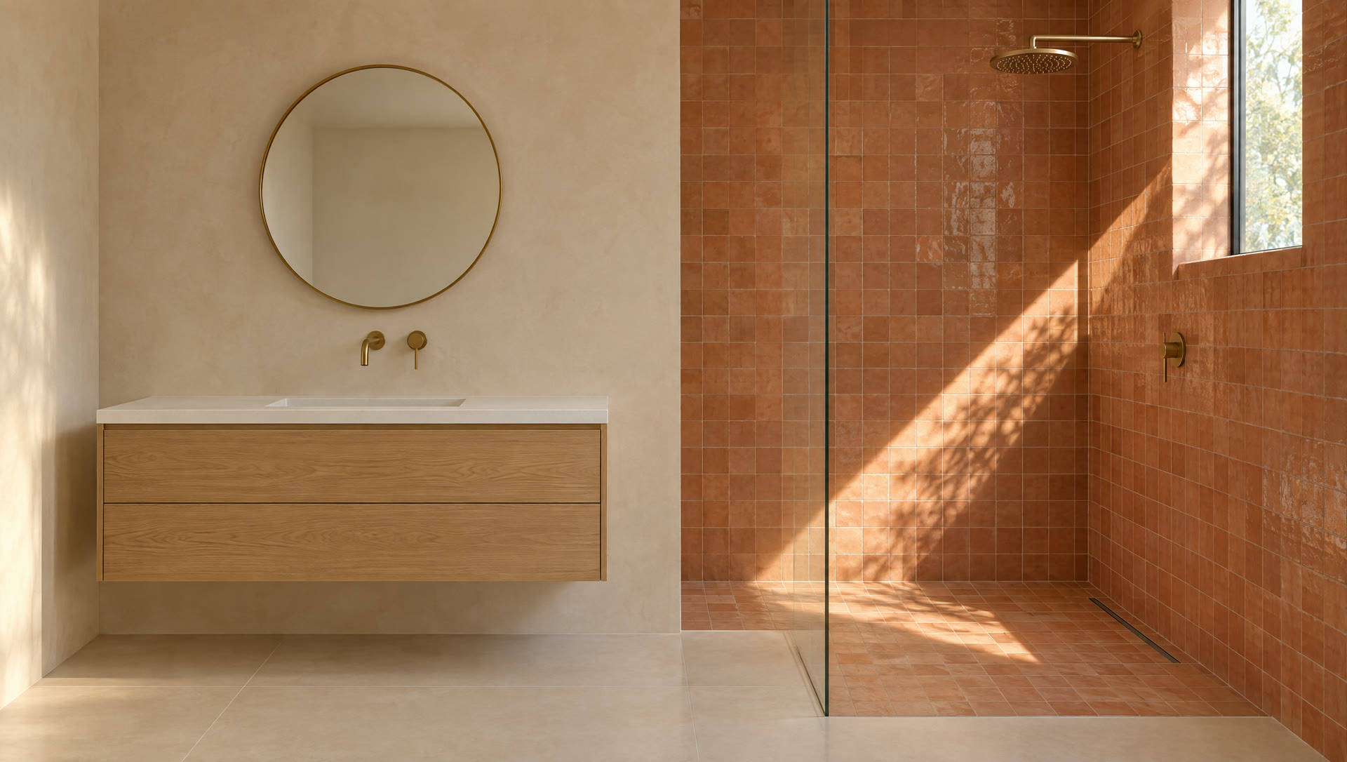 Finished bathroom detail in afternoon light