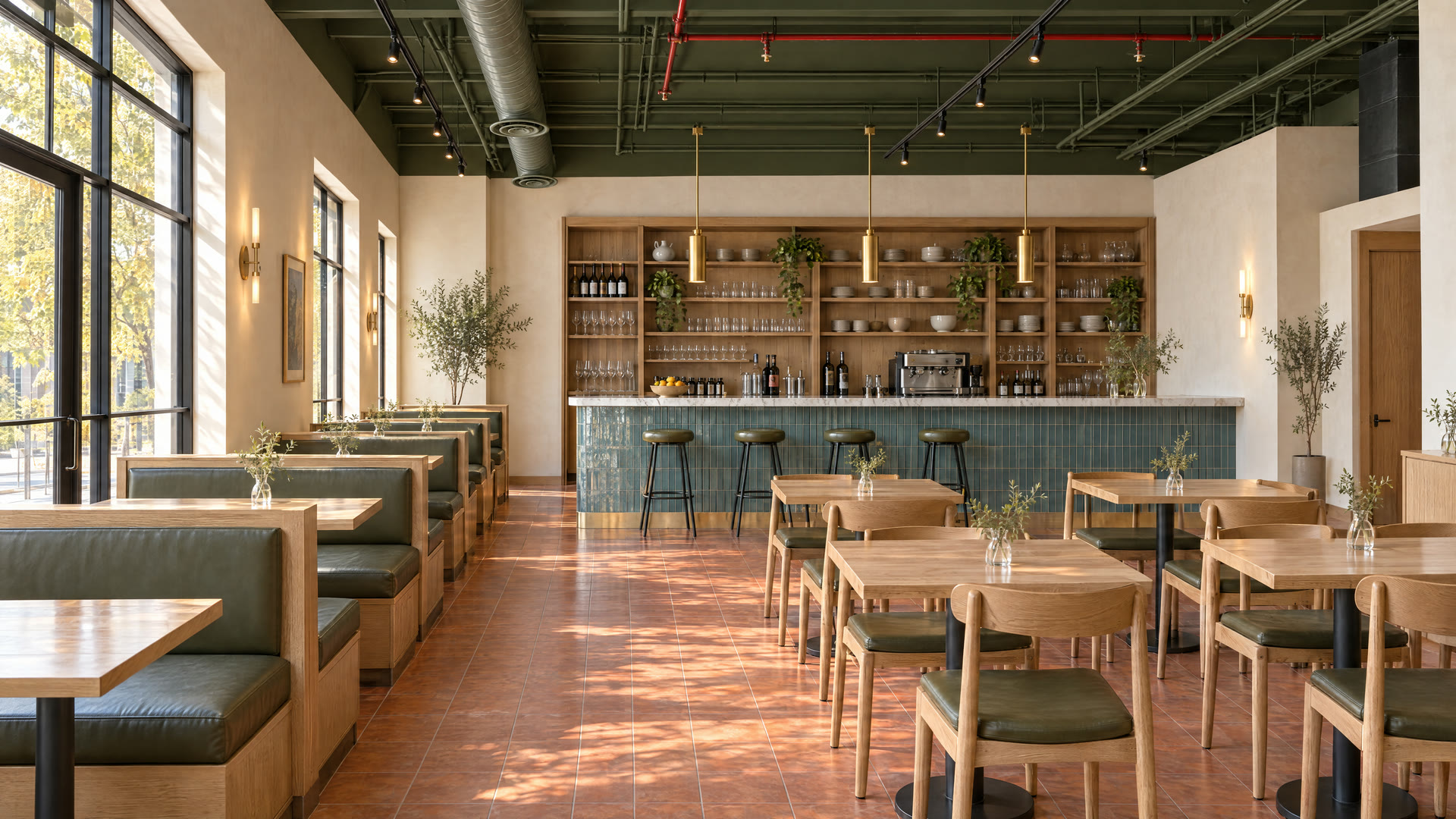 Finished neighborhood restaurant interior in afternoon light