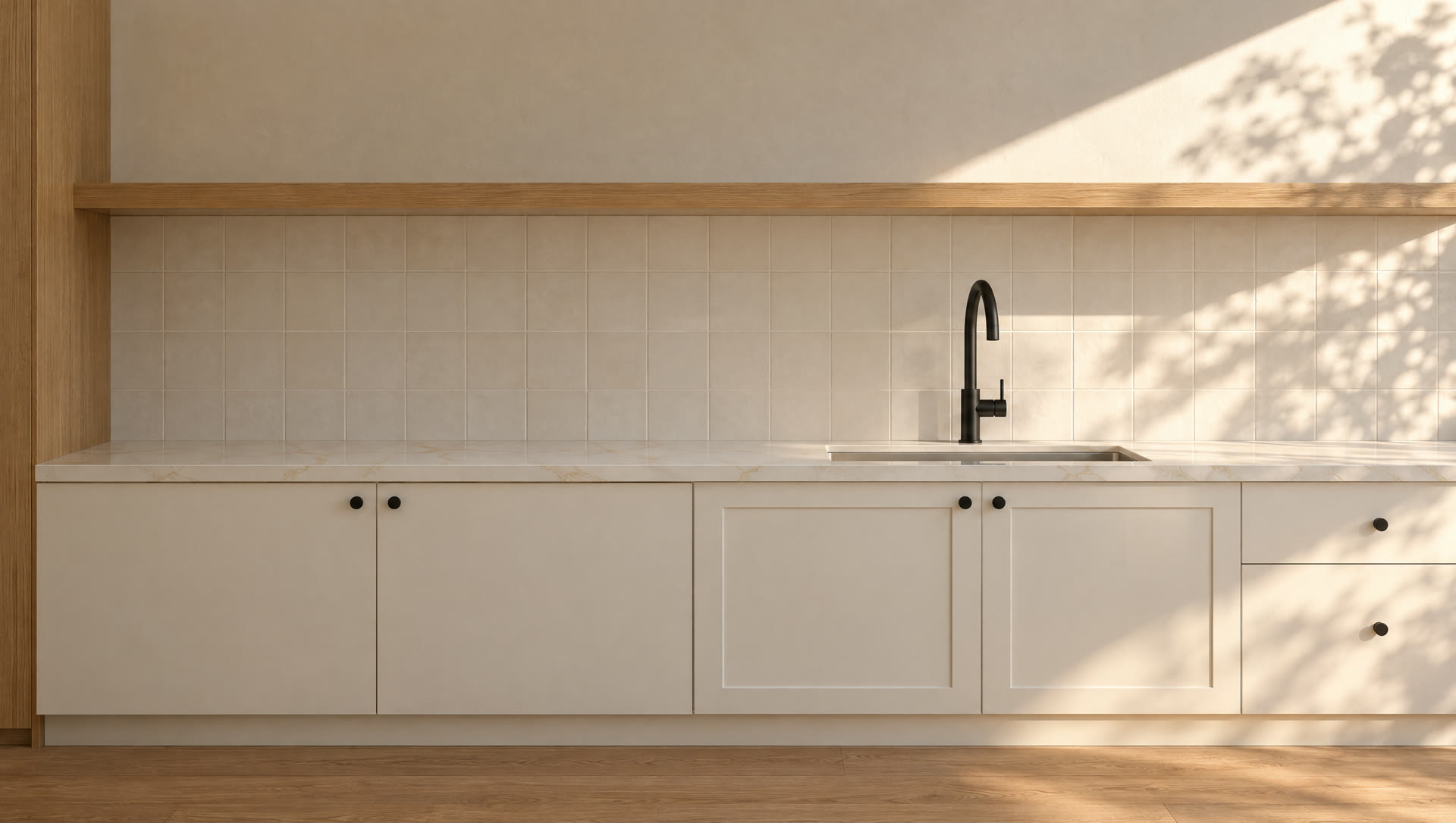 Finished kitchen detail in afternoon light