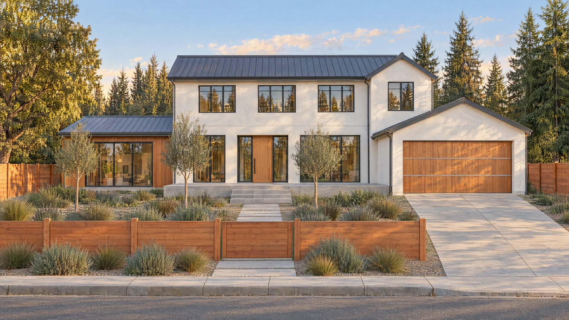 New two-story white stucco home with a cedar garage door and a fenced front yard