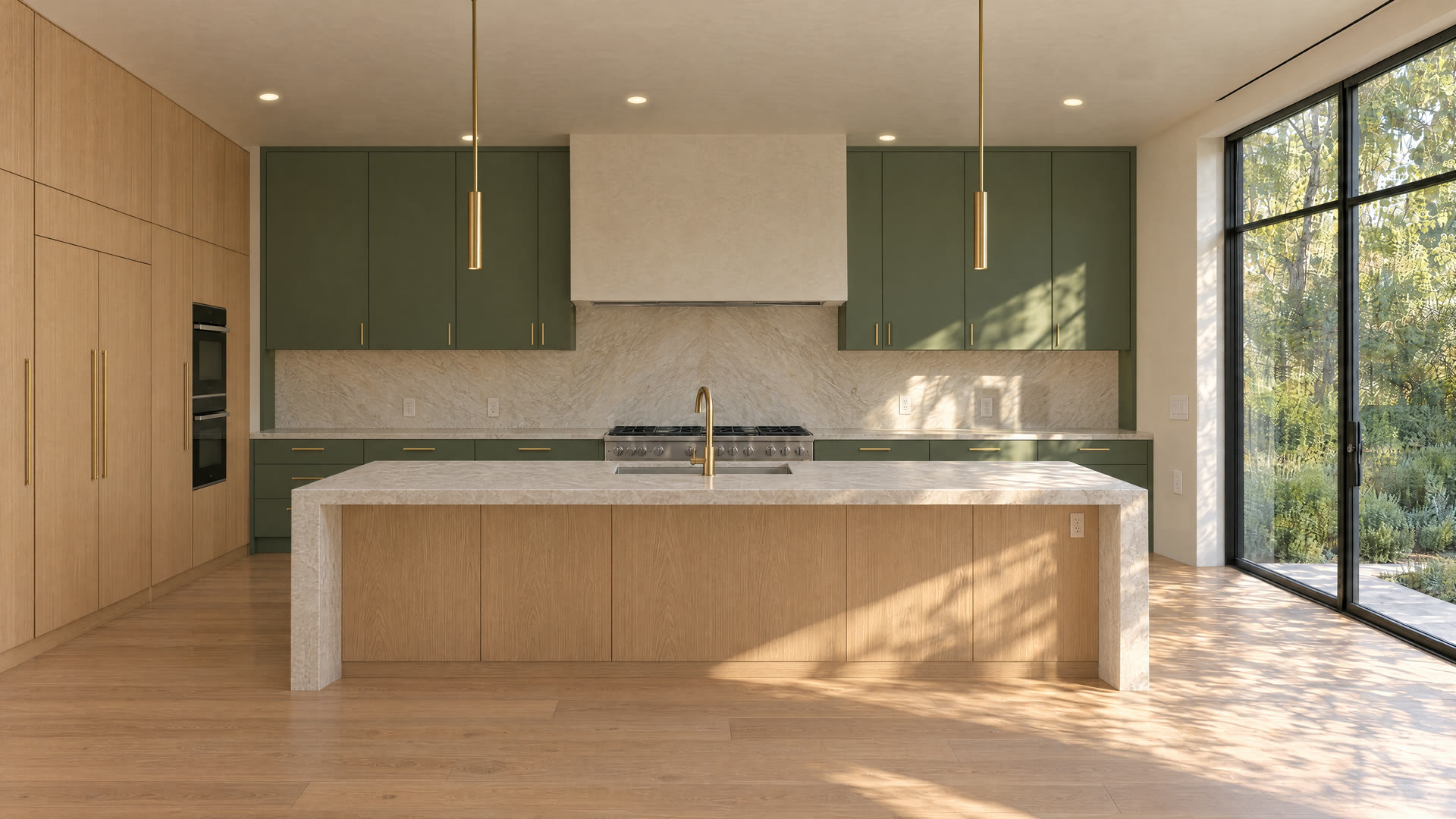 Kitchen with green cabinets and white tile