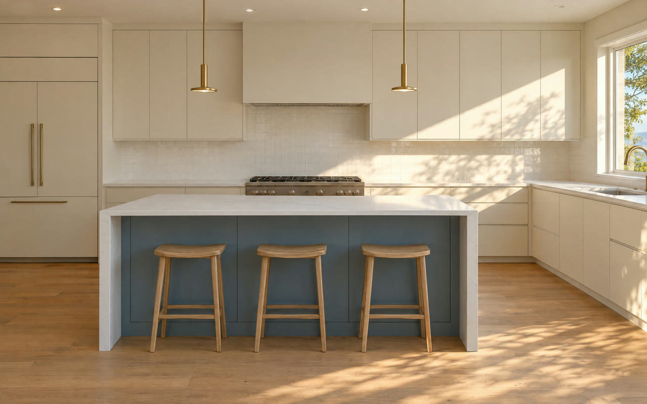 Kitchen with a dusty blue island, warm white cabinets, a range and hood
