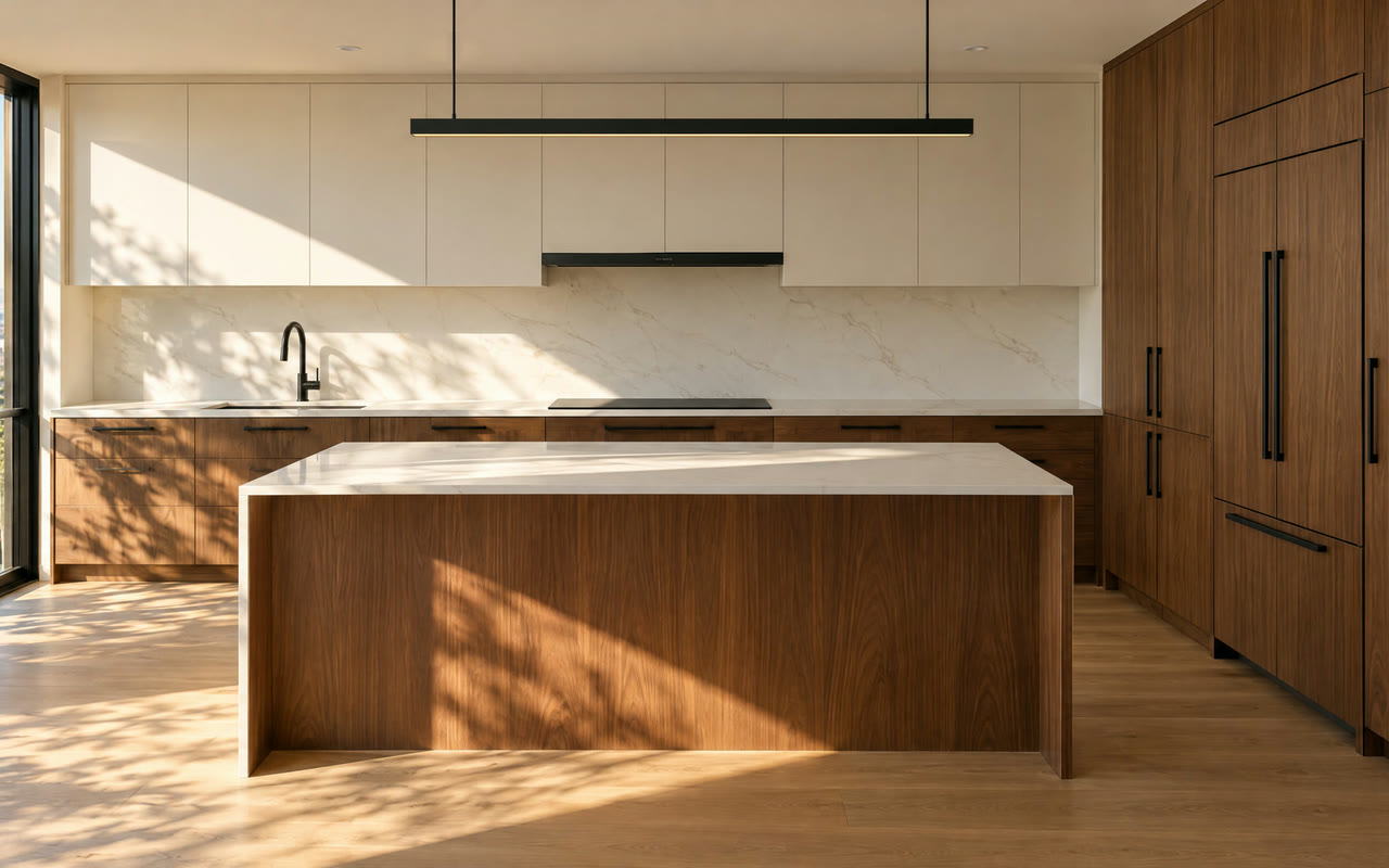 Two-tone kitchen with walnut cabinets, white uppers, and a walnut island