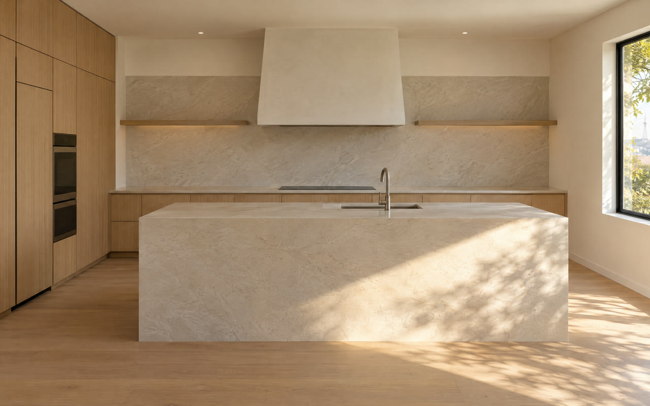 Modern white oak kitchen with a plaster range hood and a stone island
