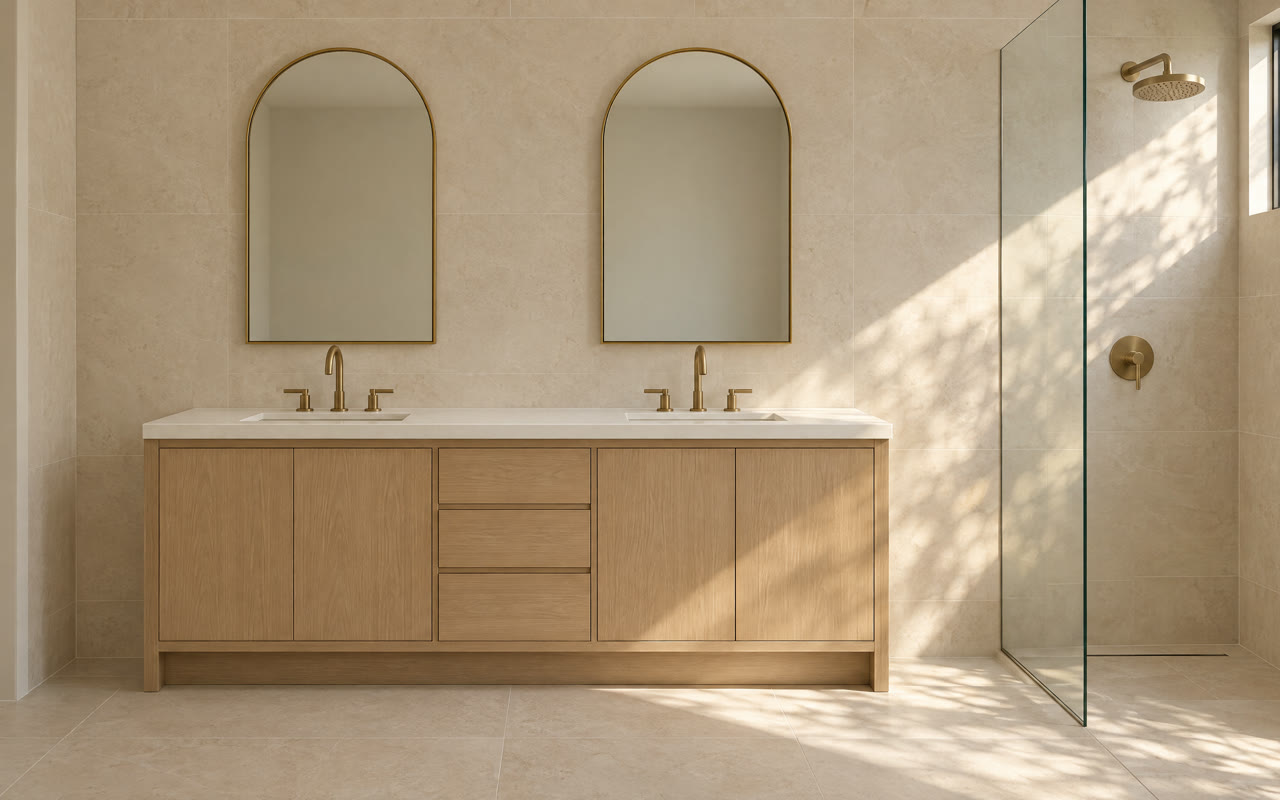 Bathroom with a white oak double vanity and arched mirrors