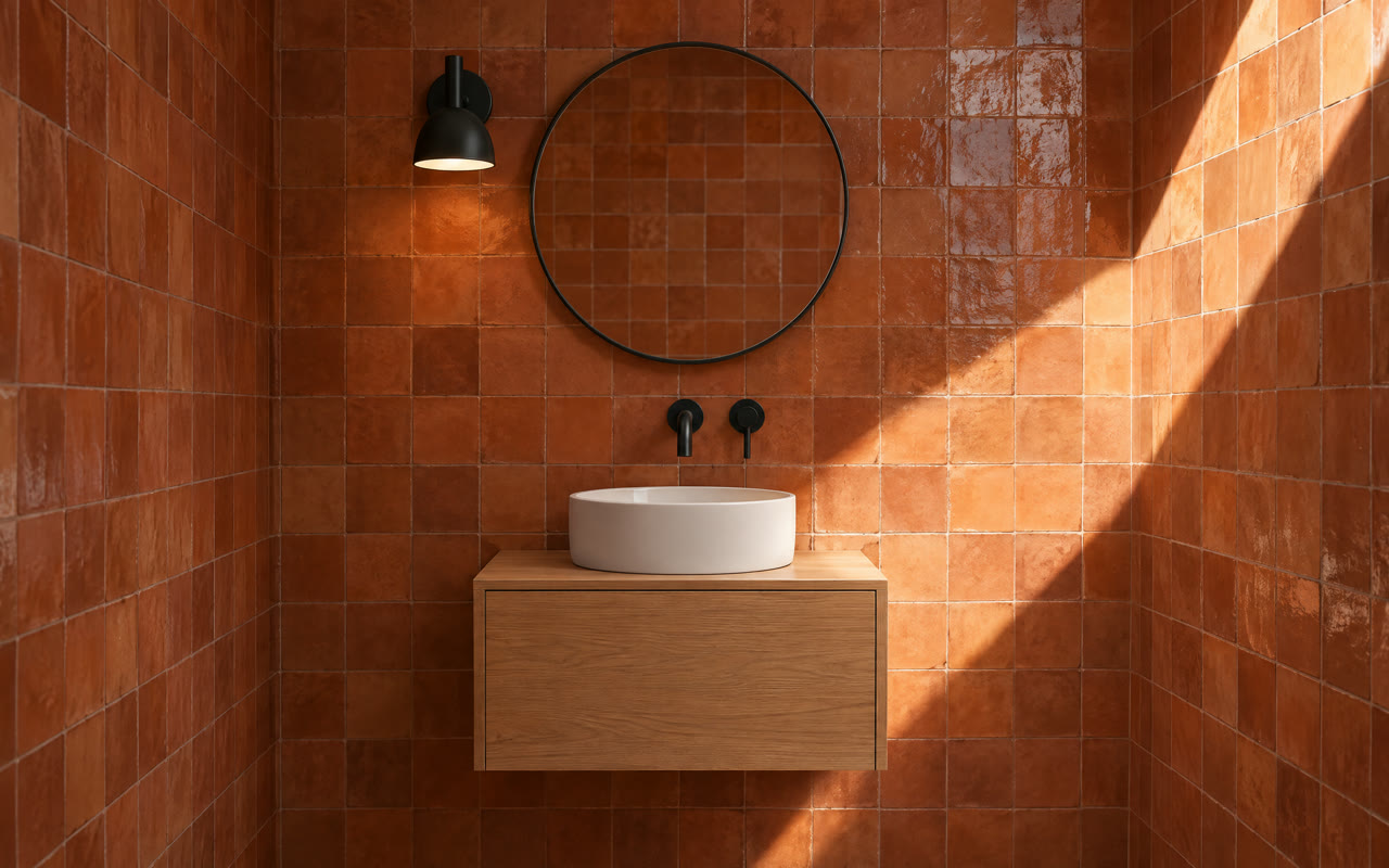 Small powder room tiled in terracotta