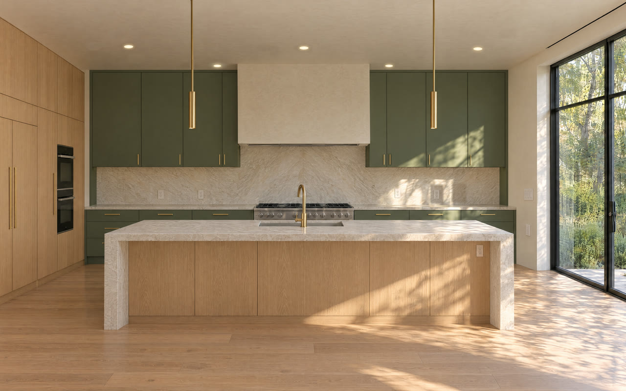 Sage green kitchen with a plaster range hood, quartzite island and white oak cabinet wall