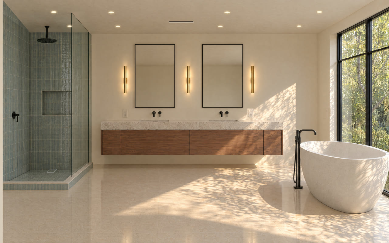 Primary bath with a blue-green tiled shower, floating walnut vanity and a freestanding tub