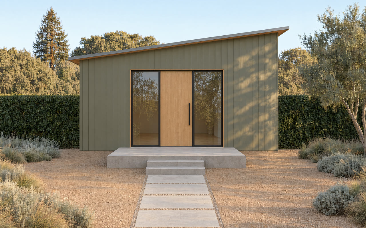 Backyard cottage with olive green board siding and an oak front door