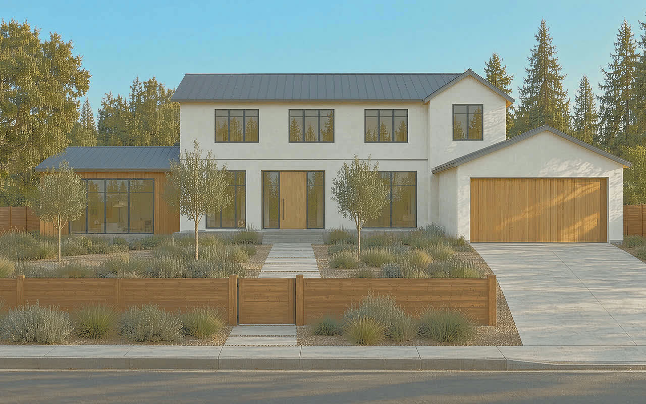 New two-story white stucco home with a metal roof, a cedar wing and a cedar garage door