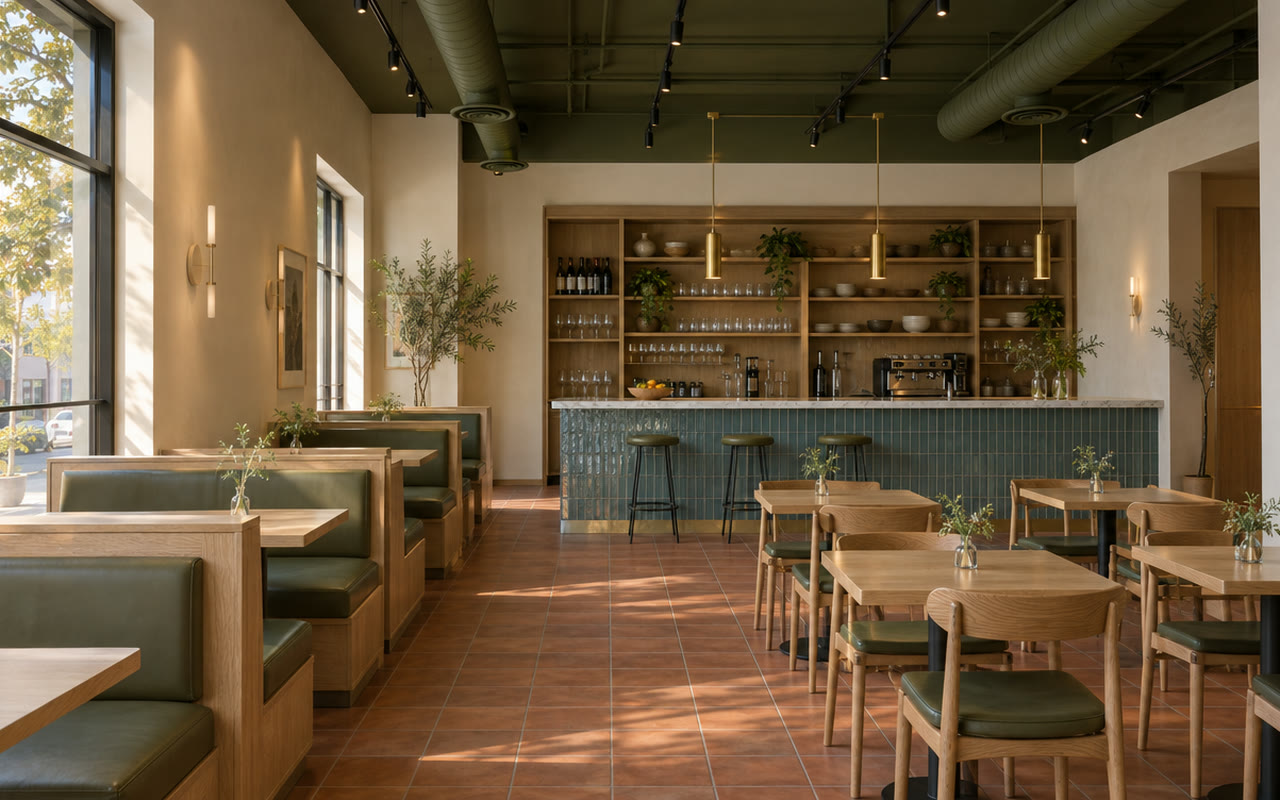 Finished neighborhood restaurant with white oak banquettes, a blue-green tile bar and brass pendants