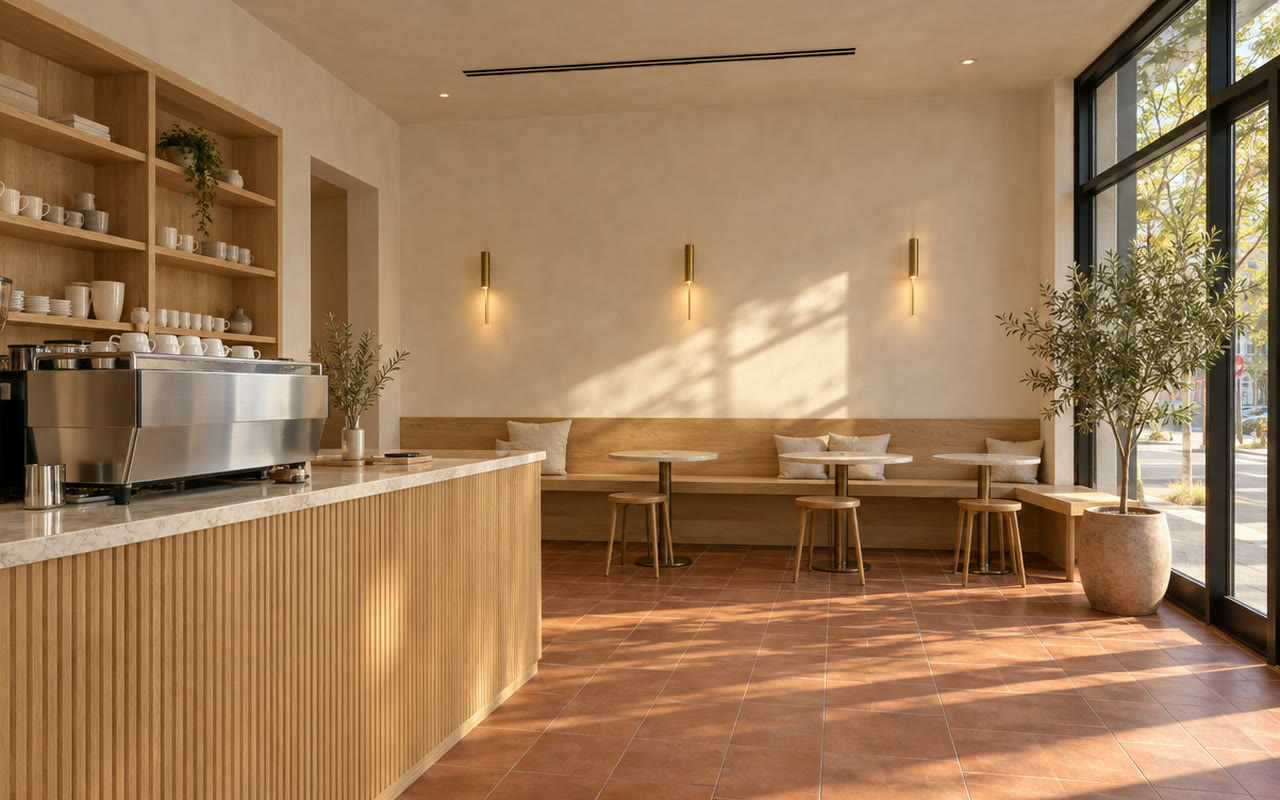 Small finished cafe with a white oak counter, plaster walls and a black steel storefront