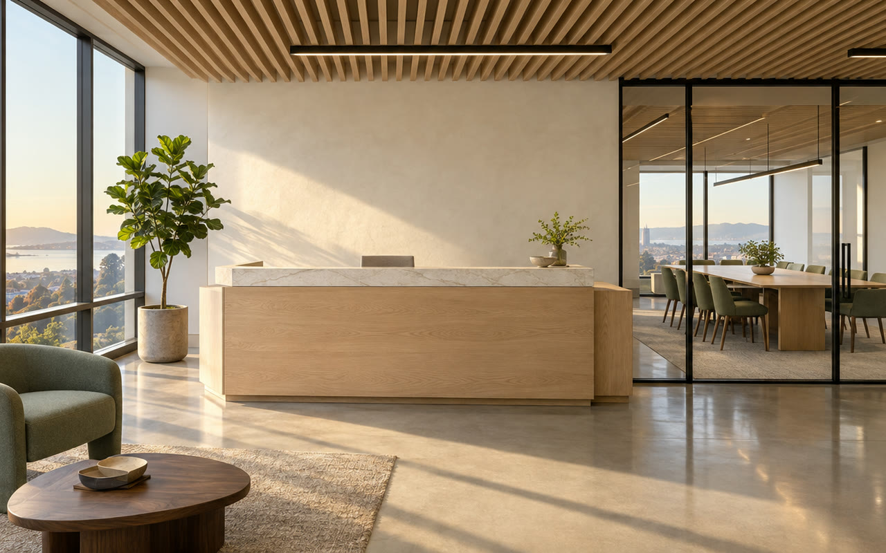 Finished office tenant improvement with a white oak reception desk and glass partitions