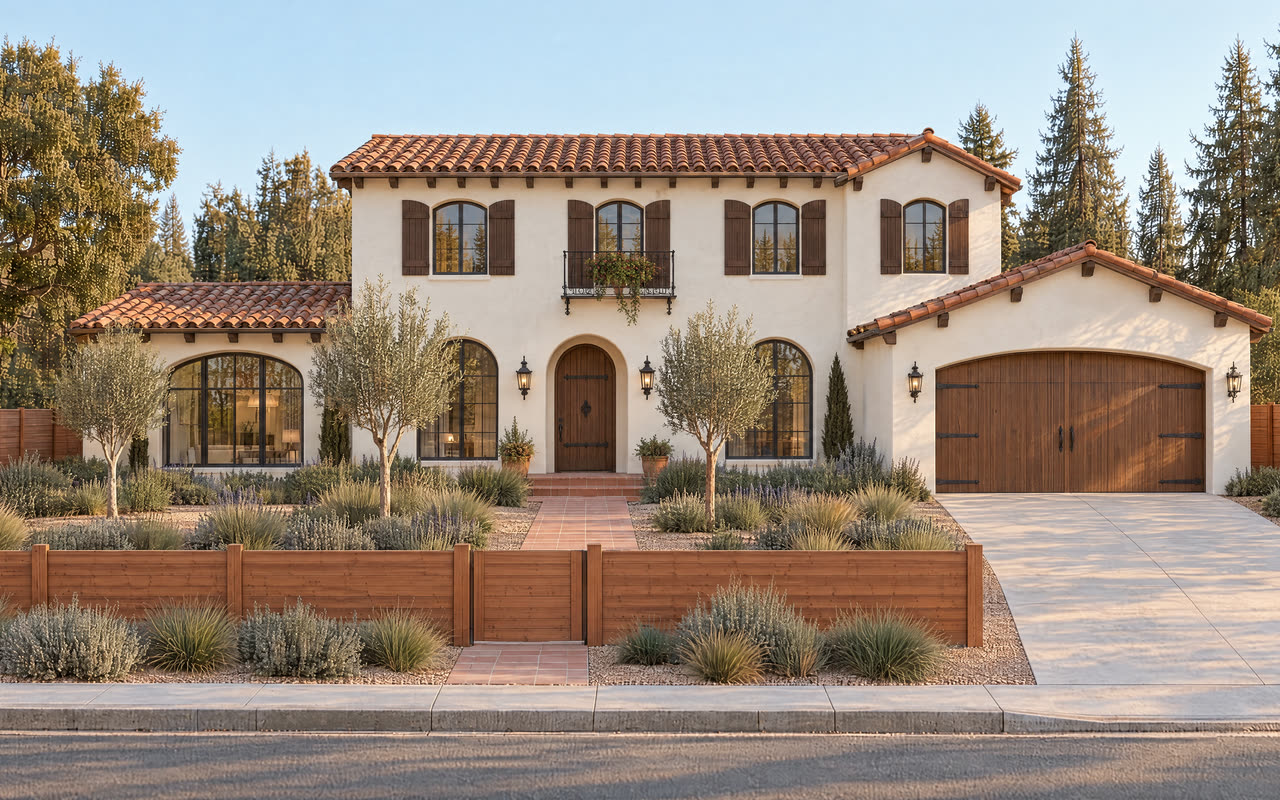 The same new home in Spanish revival style with a clay tile roof, arched windows and shutters
