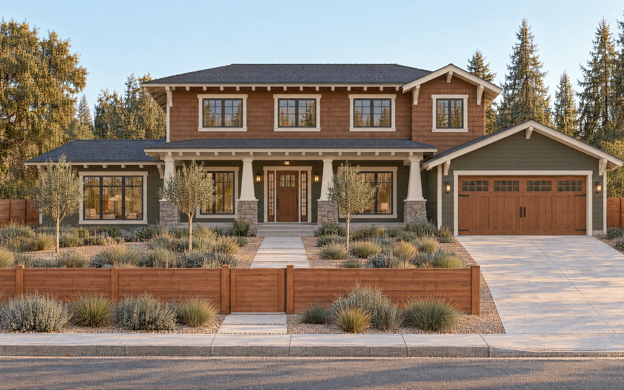 The same new home in Craftsman style with shingle siding, a deep porch and tapered columns