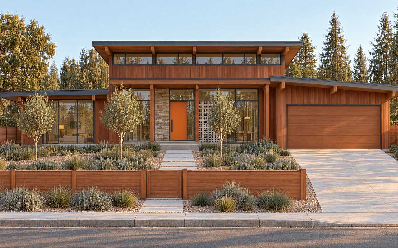 The same new home in mid-century modern style with post and beam framing, clerestory glass and redwood siding