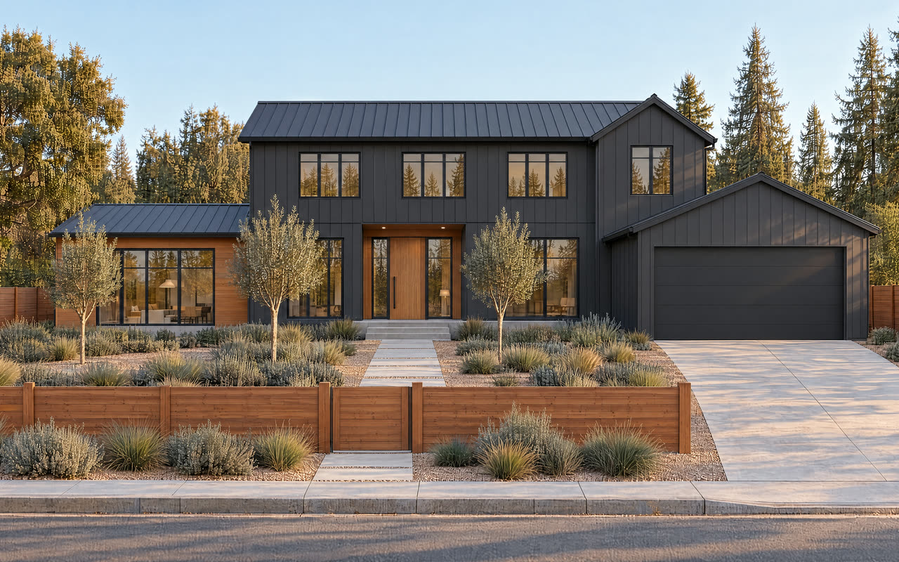 The same new home in a contemporary dark style with charcoal metal siding, cedar accents and black steel windows